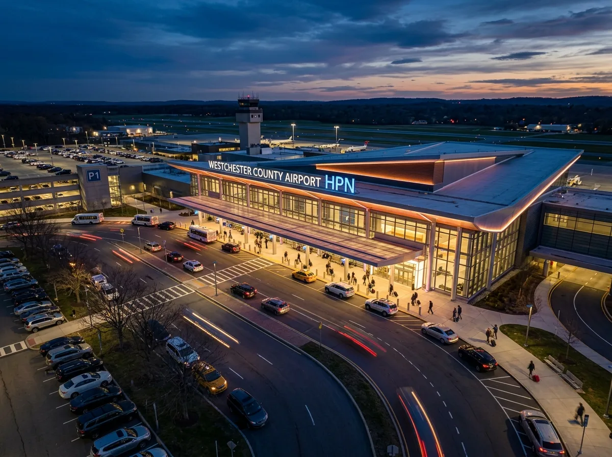 Westchester County Airport HPN terminal entrance exterior at dusk, modern architecture, dramatic lighting, wide angle aerial view