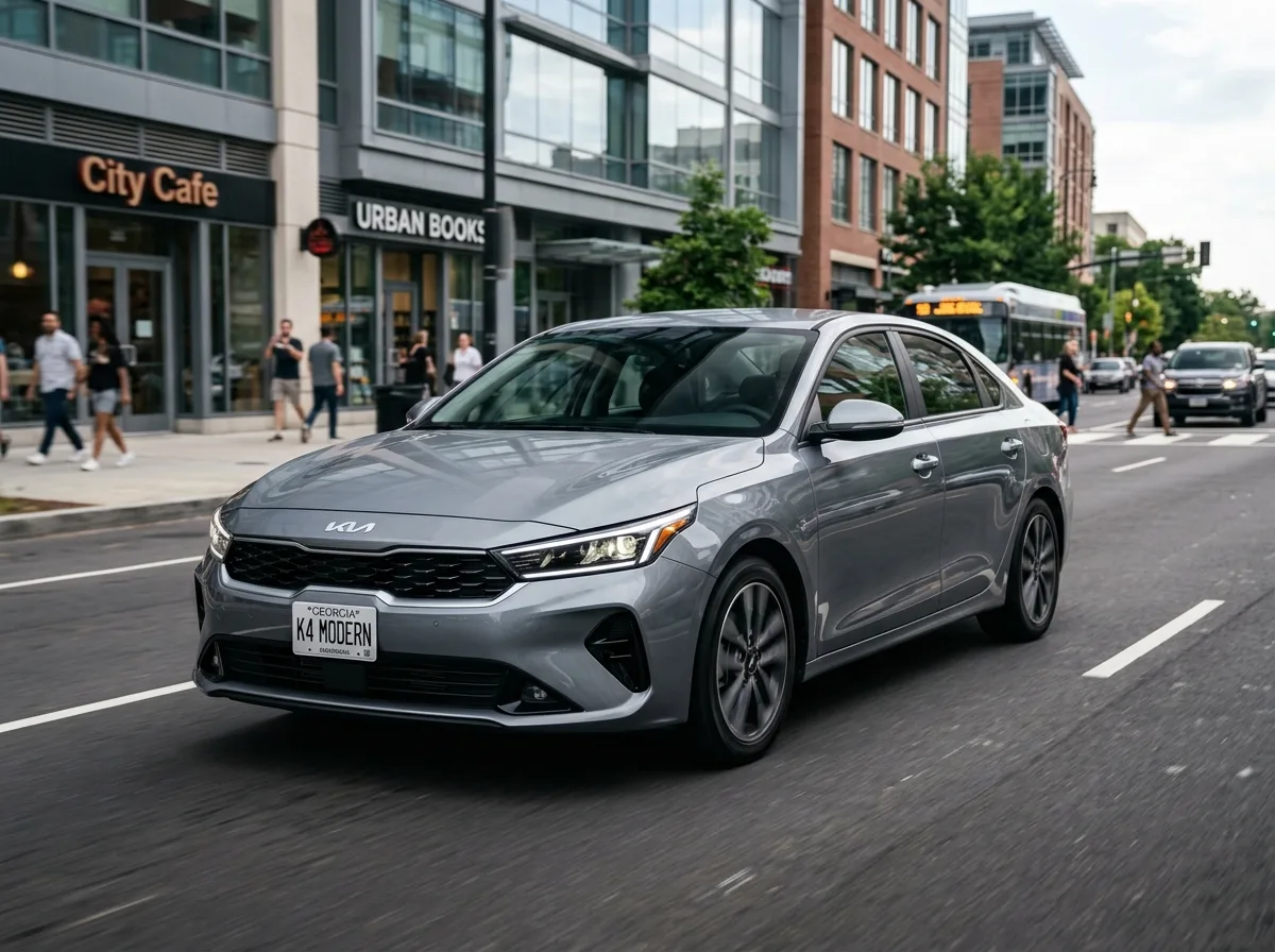 Intermediate sedan Kia K4 gray, modern clean design, front three-quarter view on city road