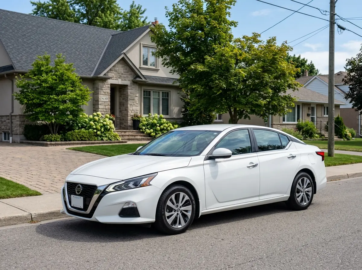 Full-size sedan Nissan Altima white, professional clean shot, parked at suburban location