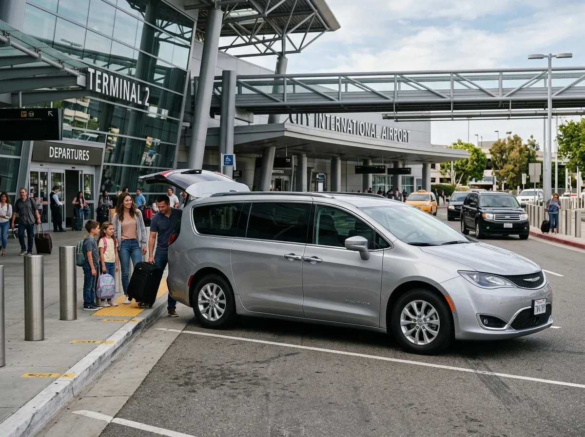 Chrysler Pacifica minivan silver, family vehicle side view, parked outside airport terminal