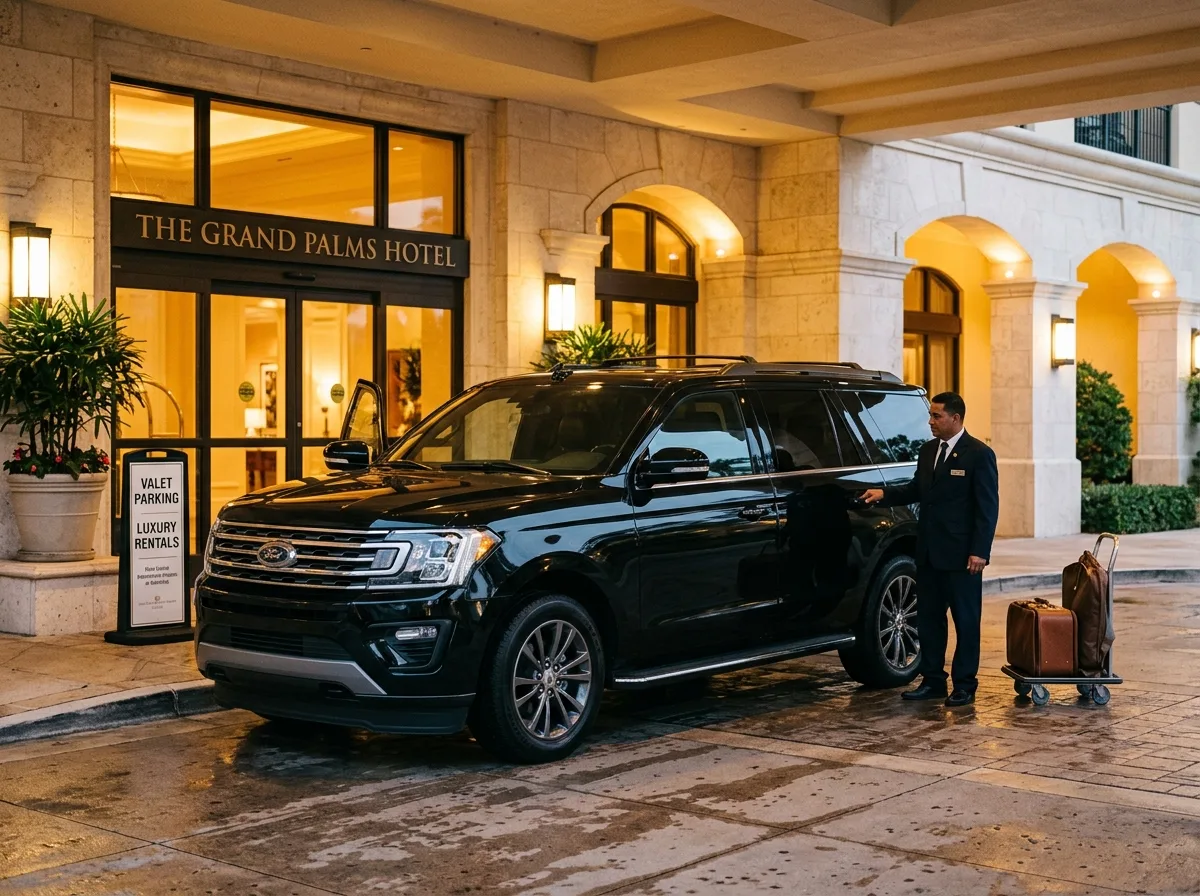 Ford Expedition large black SUV full-size three-row, luxury rental parked at hotel entrance