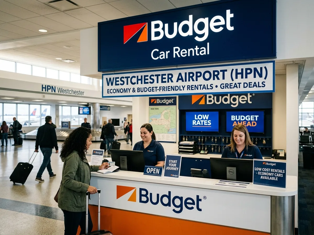 Budget Car Rental brand logo, economy and budget-friendly rental at Westchester airport