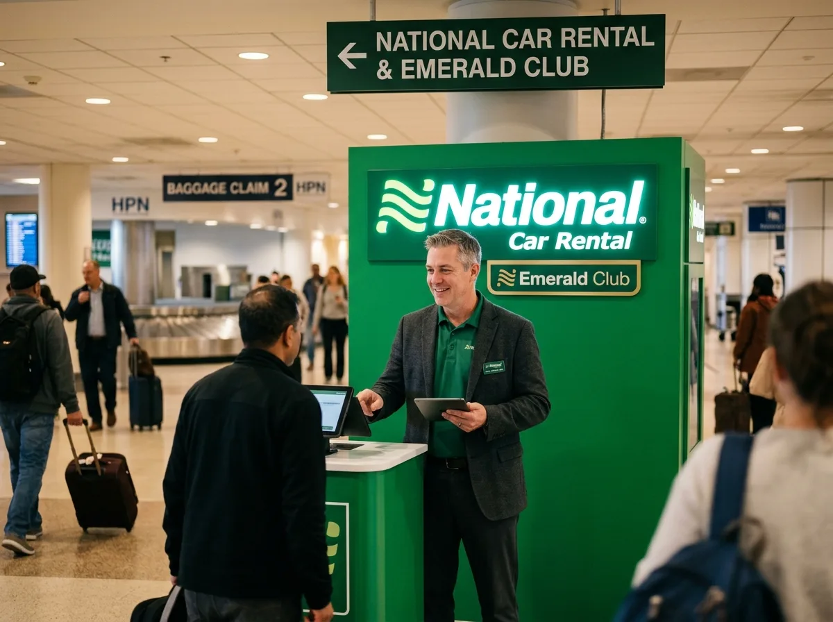 National Car Rental logo green, emerald club vendor at HPN airport arrivals