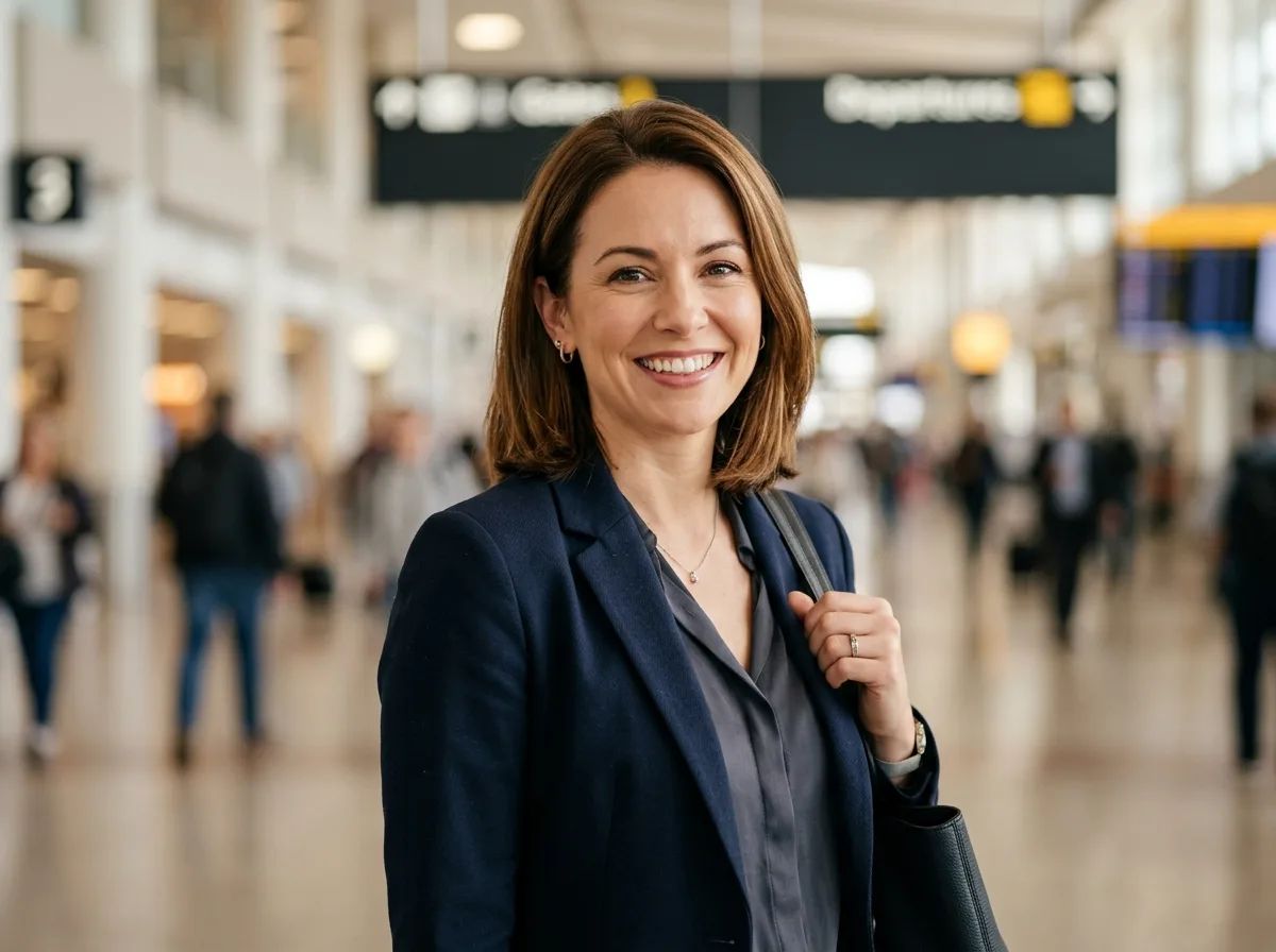 Professional woman traveler smiling, business traveler headshot portrait on neutral background