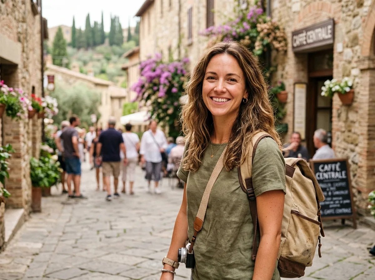 Family traveler woman early 30s, casual portrait smile, outdoor natural light