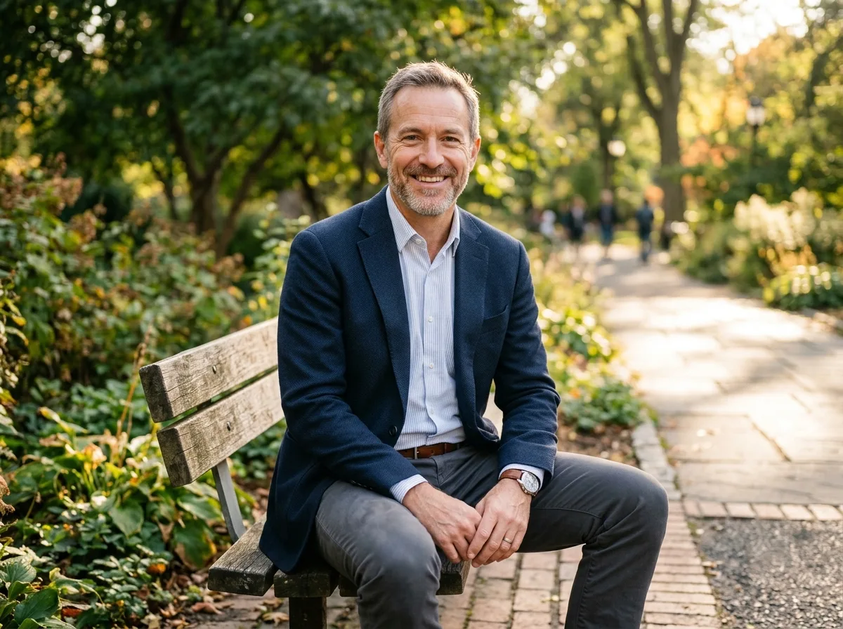 Man in 50s business casual attire, relaxed portrait outdoor setting